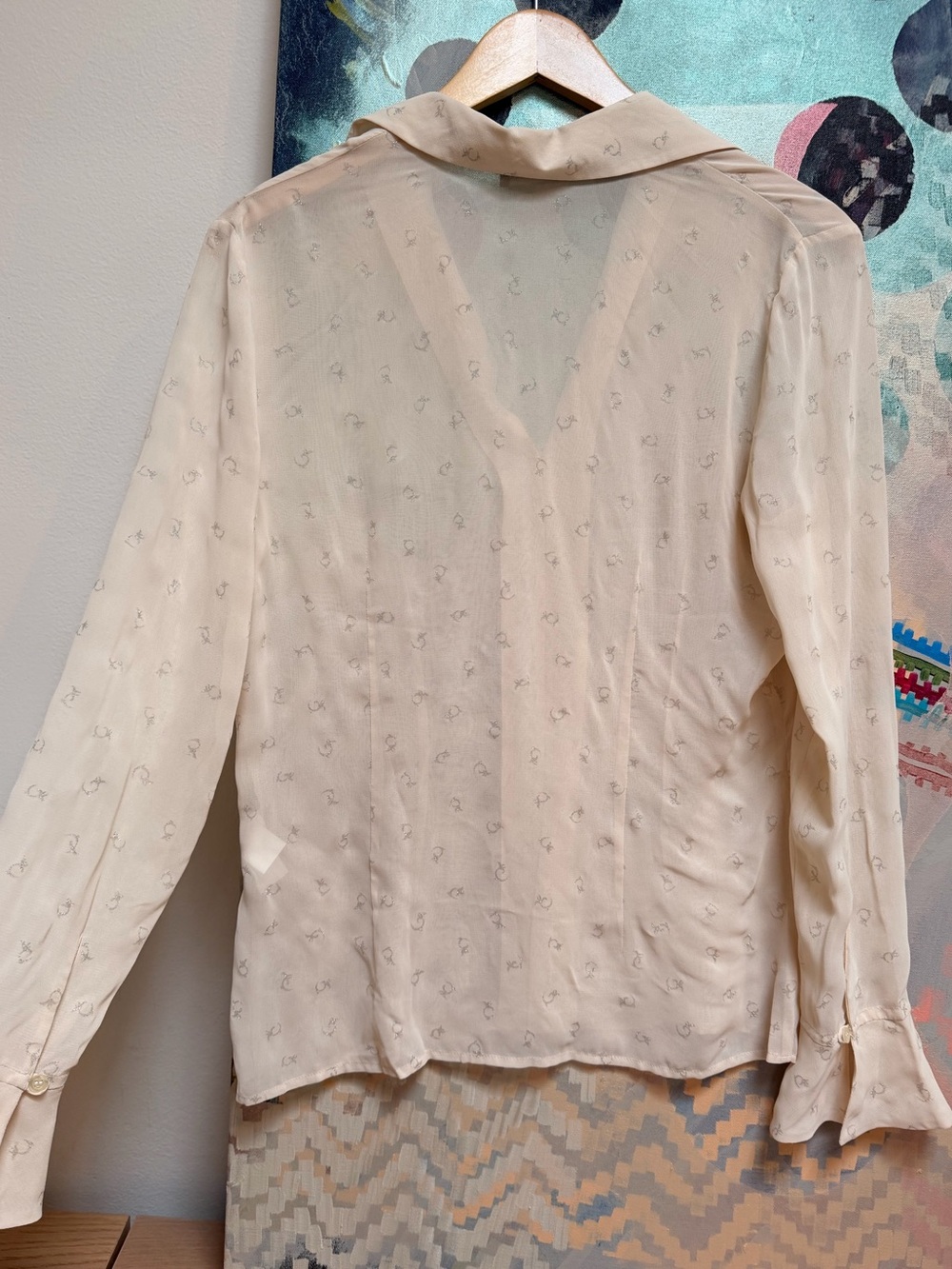 CACHAREL Y2K era Sheer Beige Metallic Print Viscose Blouse Top Sz Small - Picture 3 of 8